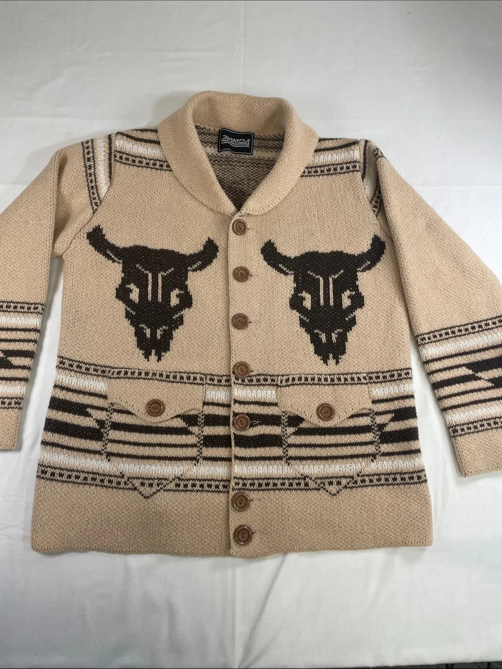 Western Shawl Collar Cardigan with Bull Skull Cowboy brown Large oversized